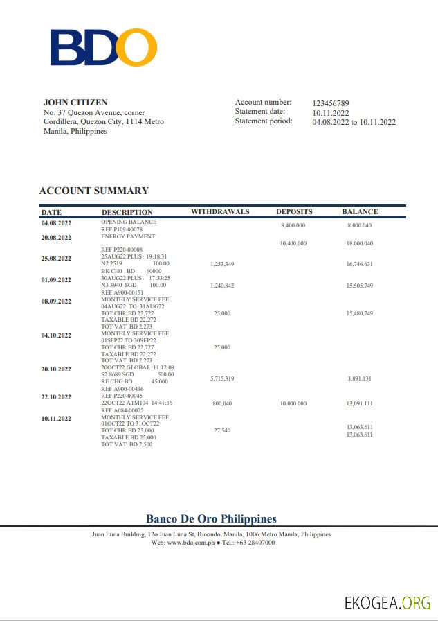 Relevé bancaire BDO aux Philippines